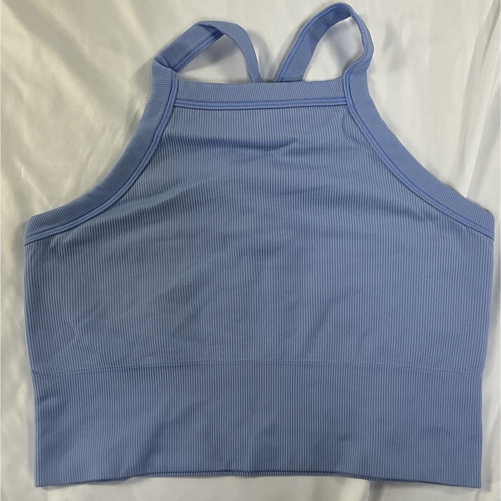 ATHLETA Aurora Seamless High Neck V-Back Tank Womens Size M Periwinkle Blue 311
